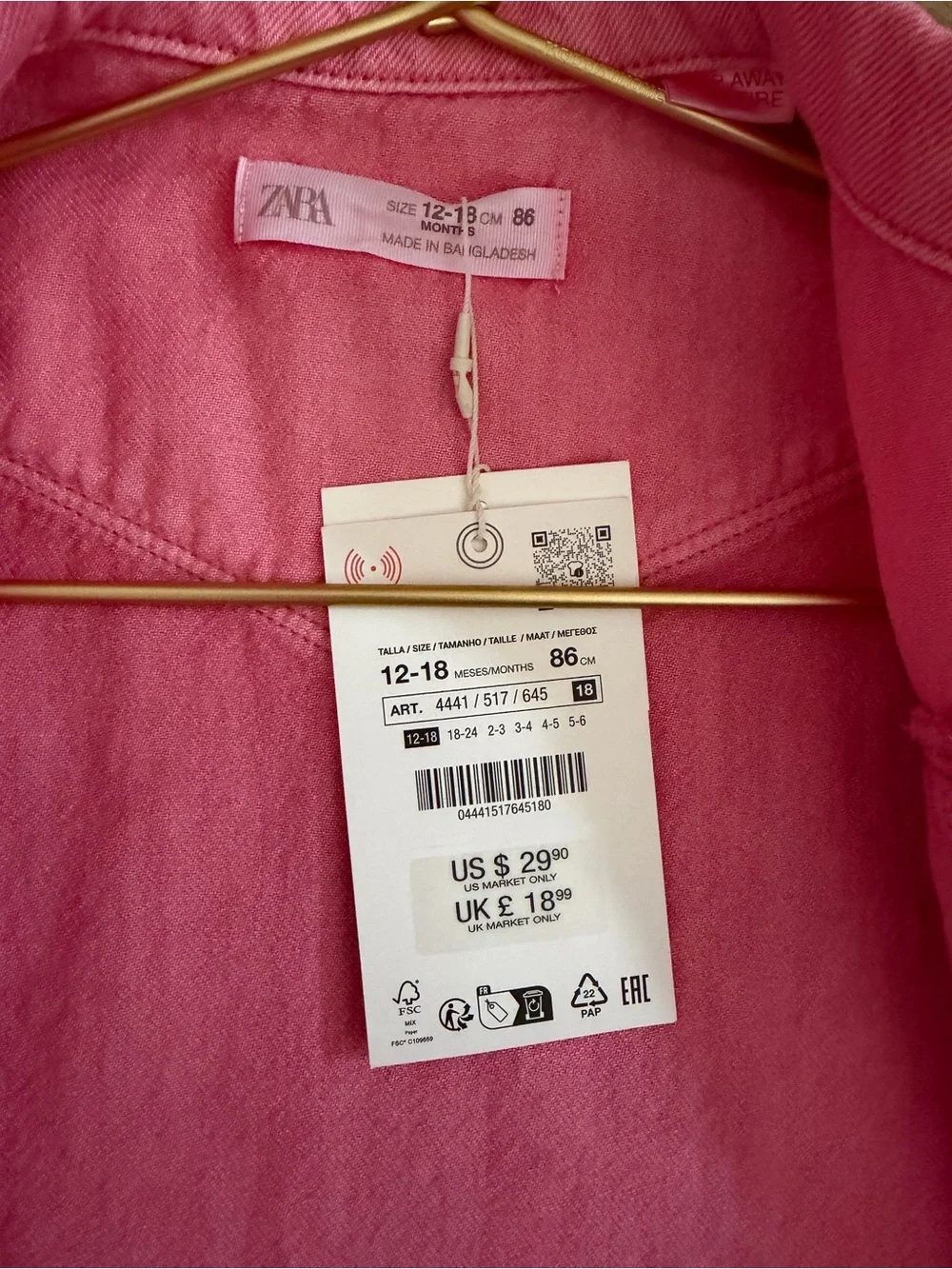 NWT zara toddler pink denim button shirt dress size 12-18 months